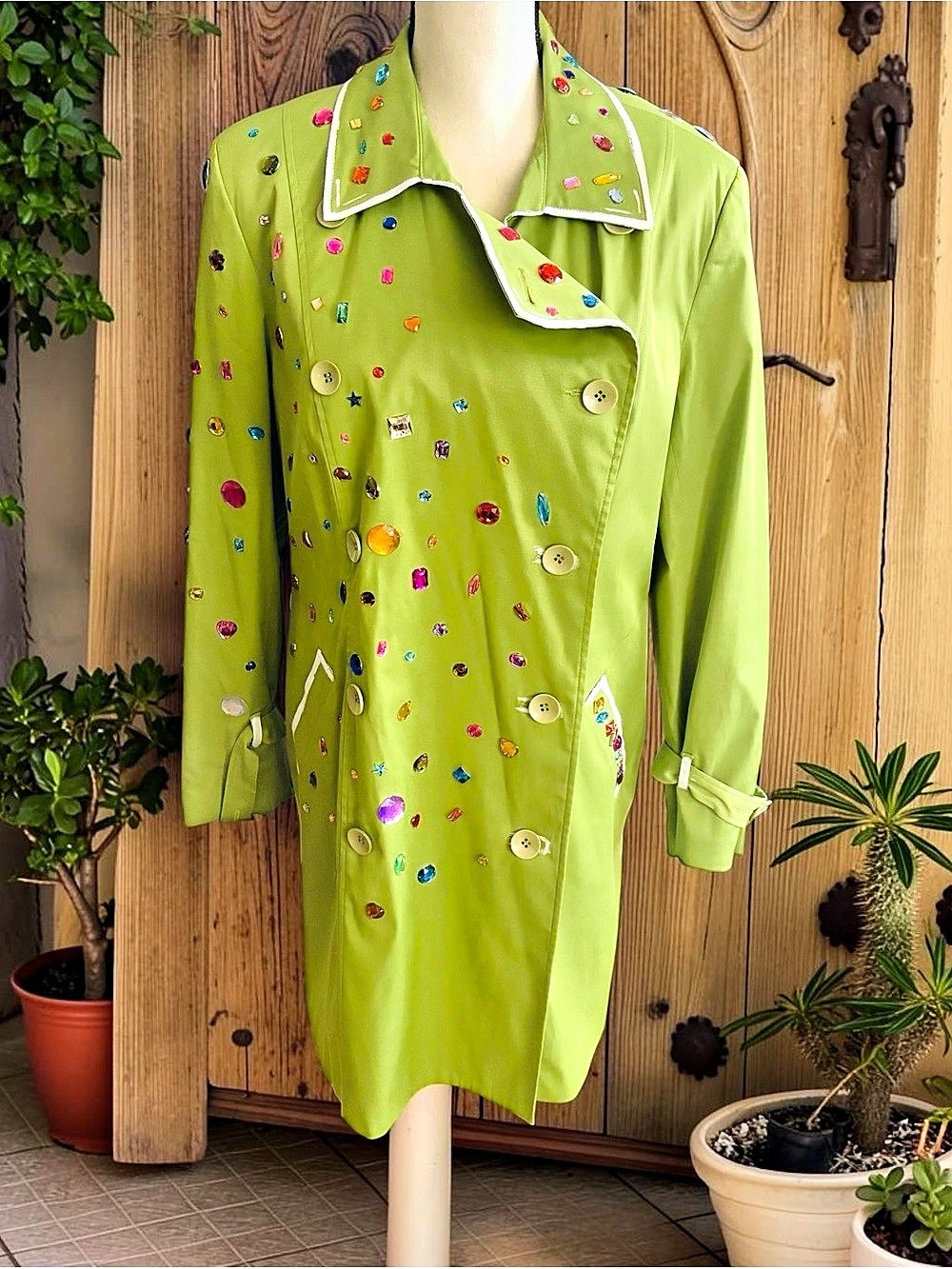 Embellished Green Hand Painted Trench Coat